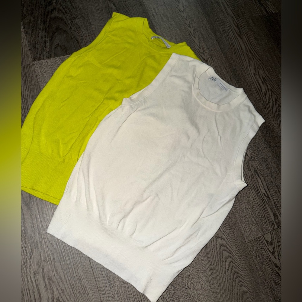 Zara Sleeveless Knit 2 - Tops in Neon Yellow and White